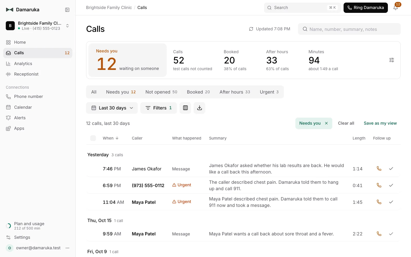 Damaruka's Calls page: the calls waiting on someone, the month's totals, quick views and filters, and each call with call back and mark done